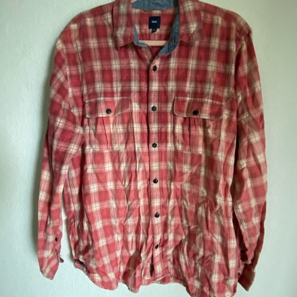 Gap Red Plaid Upcycled Patchwork Graphic Natural … - image 5